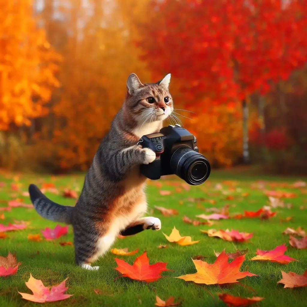 a cat standing on its hind legs holding a camera