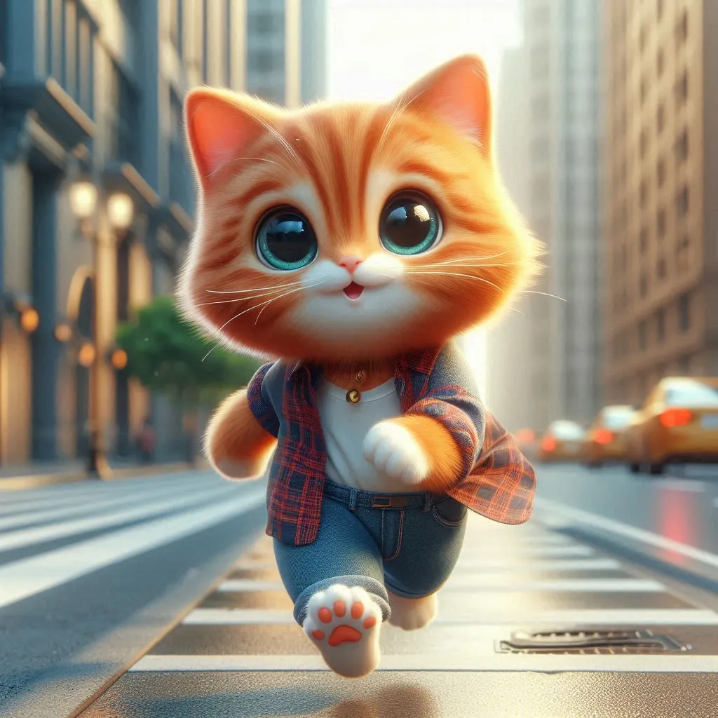 a cat is running down a city street