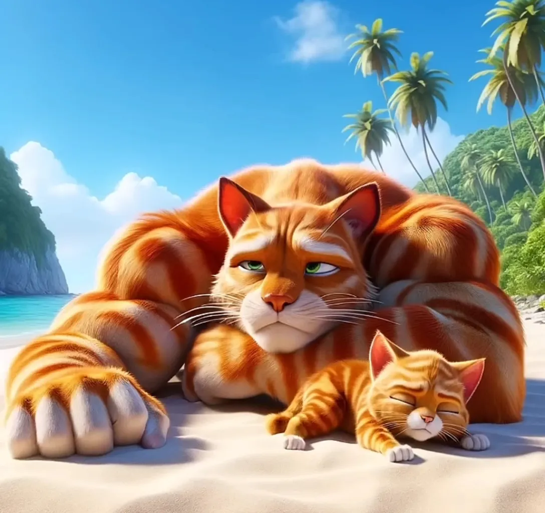 a painting of a cat and a kitten laying on a beach