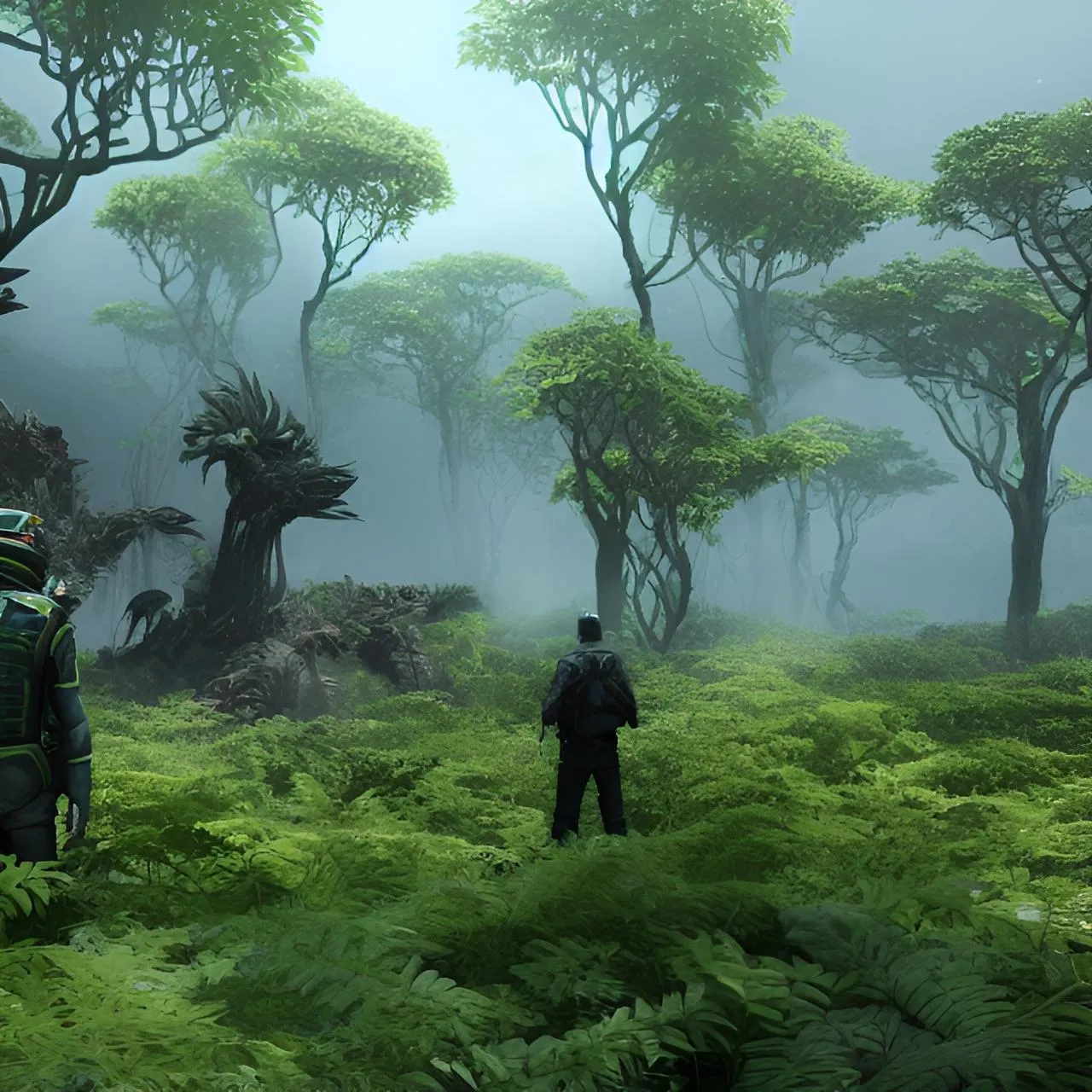 a man standing in the middle of a lush green forest