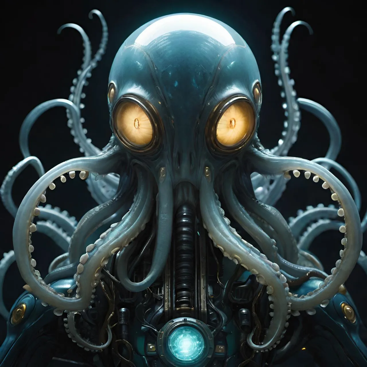 an octopus with glowing eyes and a gas mask