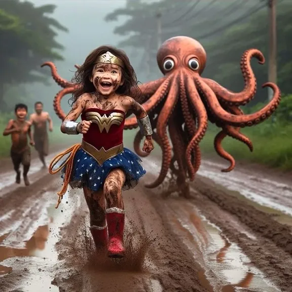 a little wonder woman running away from huge monster octopus