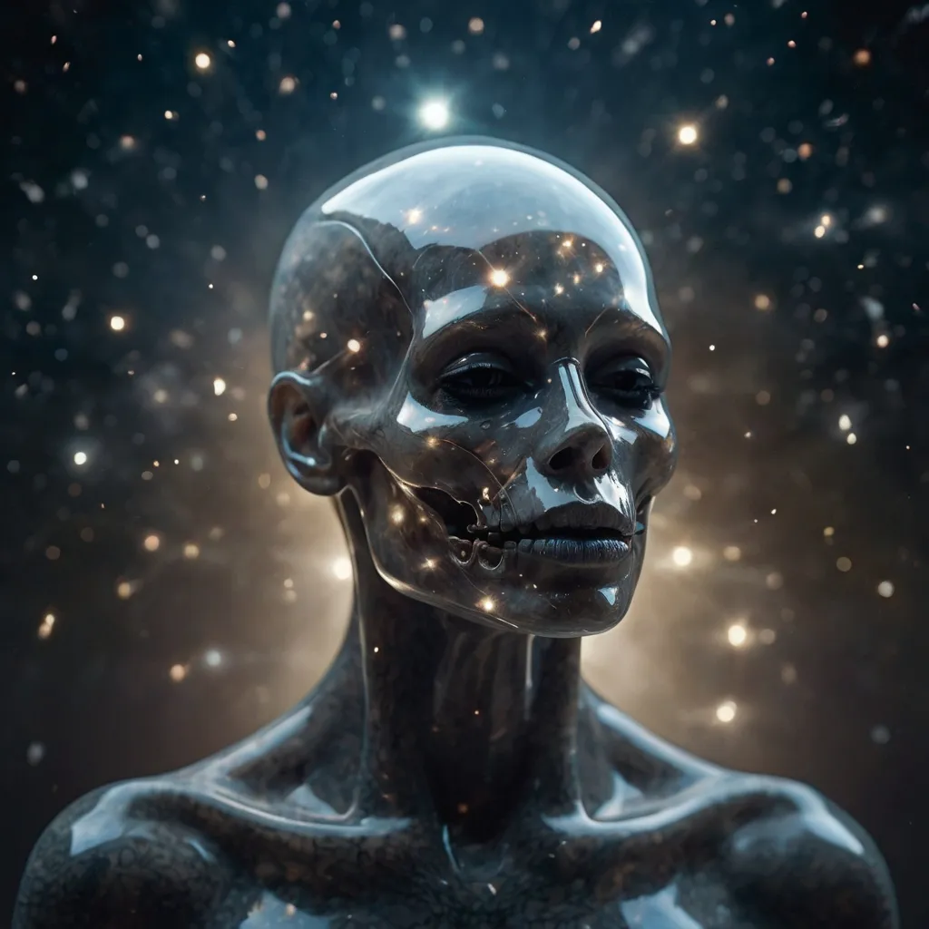 Human head floating in a galaxy of dreams,A mesmerizing figure, surreal and enigmatic, is portrayed in a video clip. Their transparent jaw seamlessly melds with their skull in a smoky haze, while they stand amidst a celestial backdrop filled with twinkling stars. The scene exudes an otherworldly, almost ethereal aura. The quality of the image is superb, capturing every intricate detail in the character's appearance and the mesmerizing universe surrounding them. This captivating image seamlessly blends the boundary between reality and fantasy, drawing viewers into a hypnotic and surreal experience.