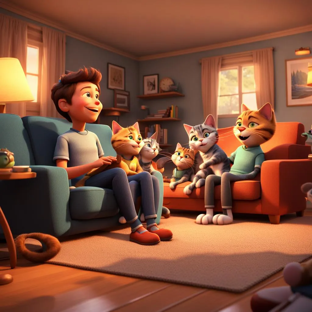 a group of cats sitting on top of a couch in a living room, man is clapping very happy, full of joy