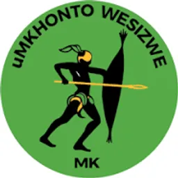 a green logo featuring a man holding a spear and a shield: the words umkhonto we sizwe. so spelling mistakes