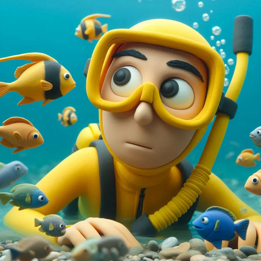 a man in a yellow diving suit surrounded by fish