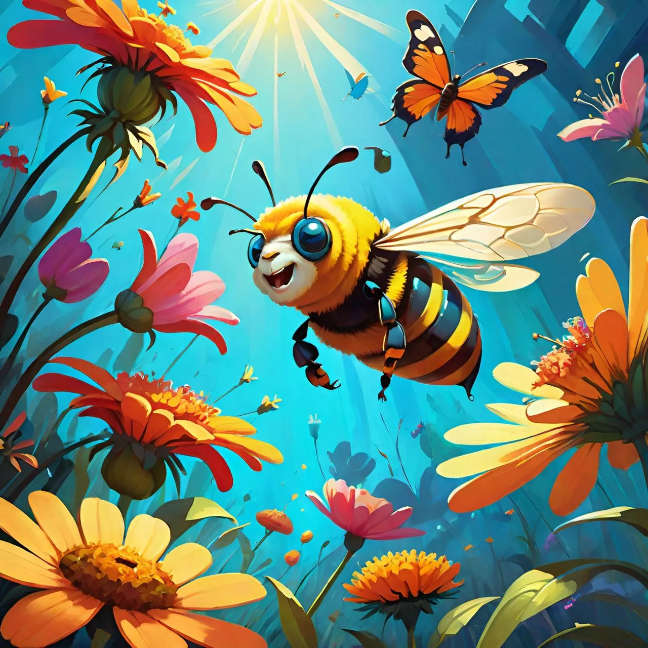 a painting of a bee flying through a field of flowers