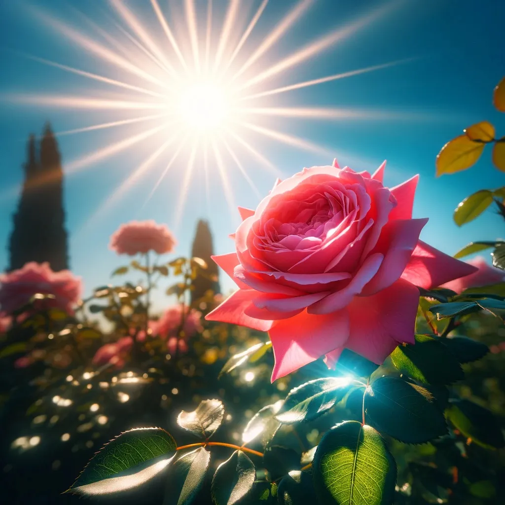 a pink rose is blooming in front of the sun