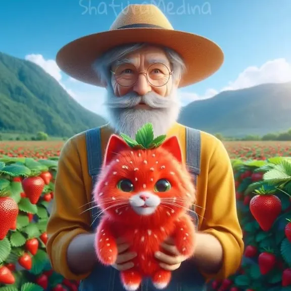 a man holding a kitty in a field of strawberries