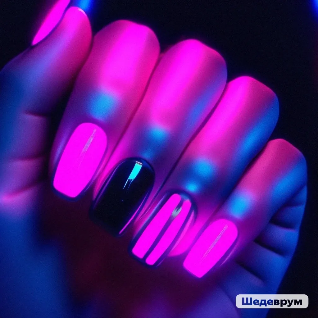 a woman's hand with neon pink and blue nail polish