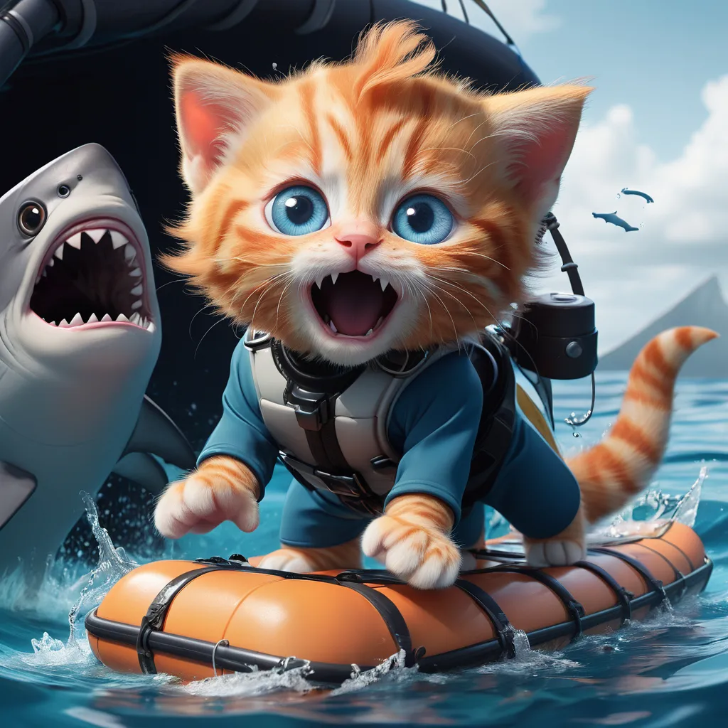 a cat riding on top of a raft in the ocean and shark is following him