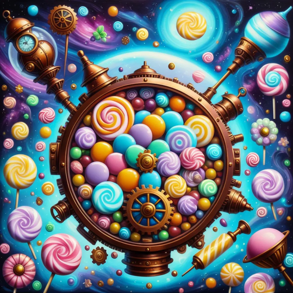 a painting of a steering wheel surrounded by lollipops