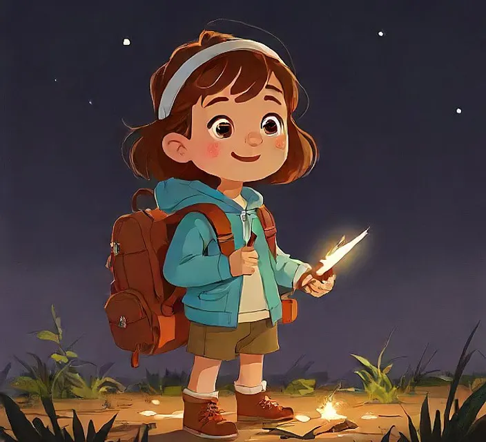 a little girl with a backpack and a flashlight