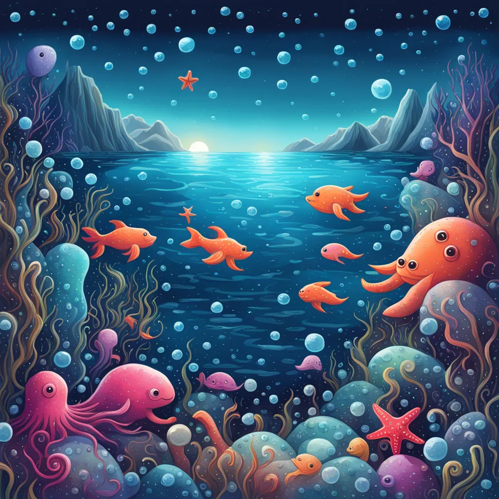 a painting of an underwater scene with fish and corals