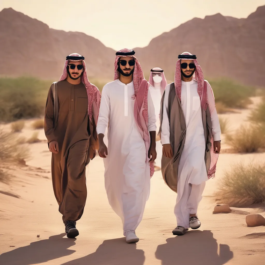 three men walking in the desert wearing sunglasses