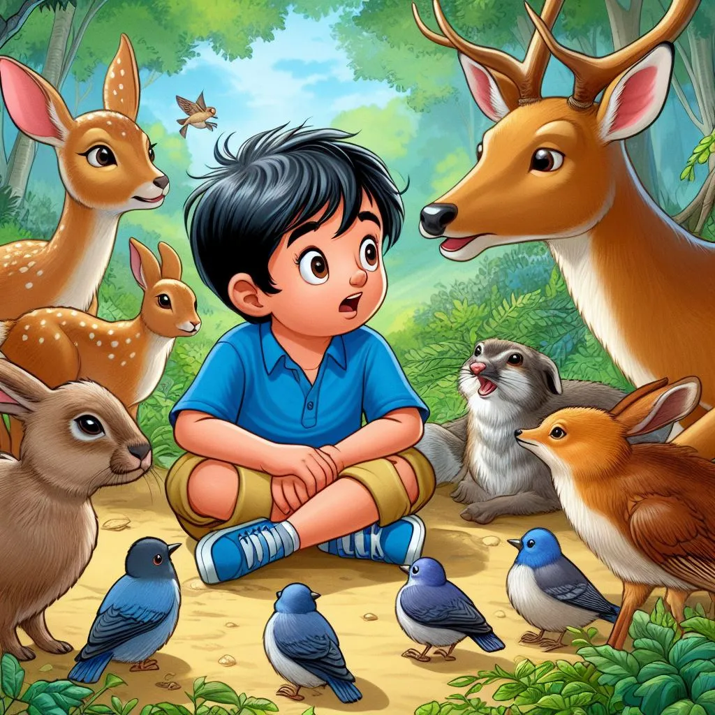 a boy sitting in the middle of a forest surrounded by animals talking to them