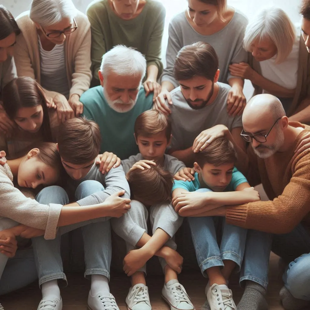 Images of friendship and solidarity as adults support a group of children in their difficult times and moments of growth