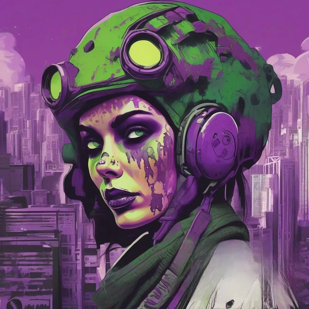 a painting of a woman with headphones on