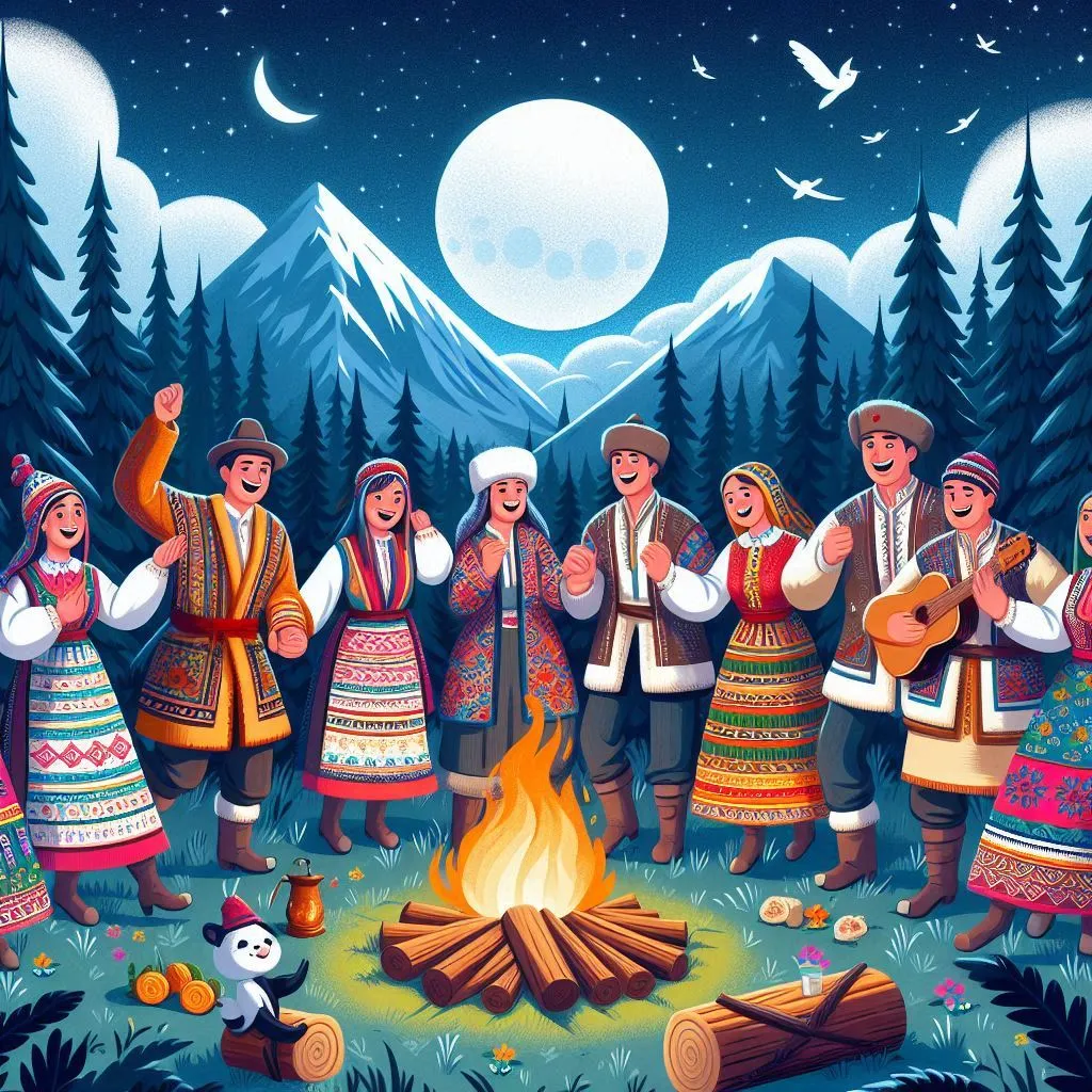 a painting of a group of people standing around a campfire