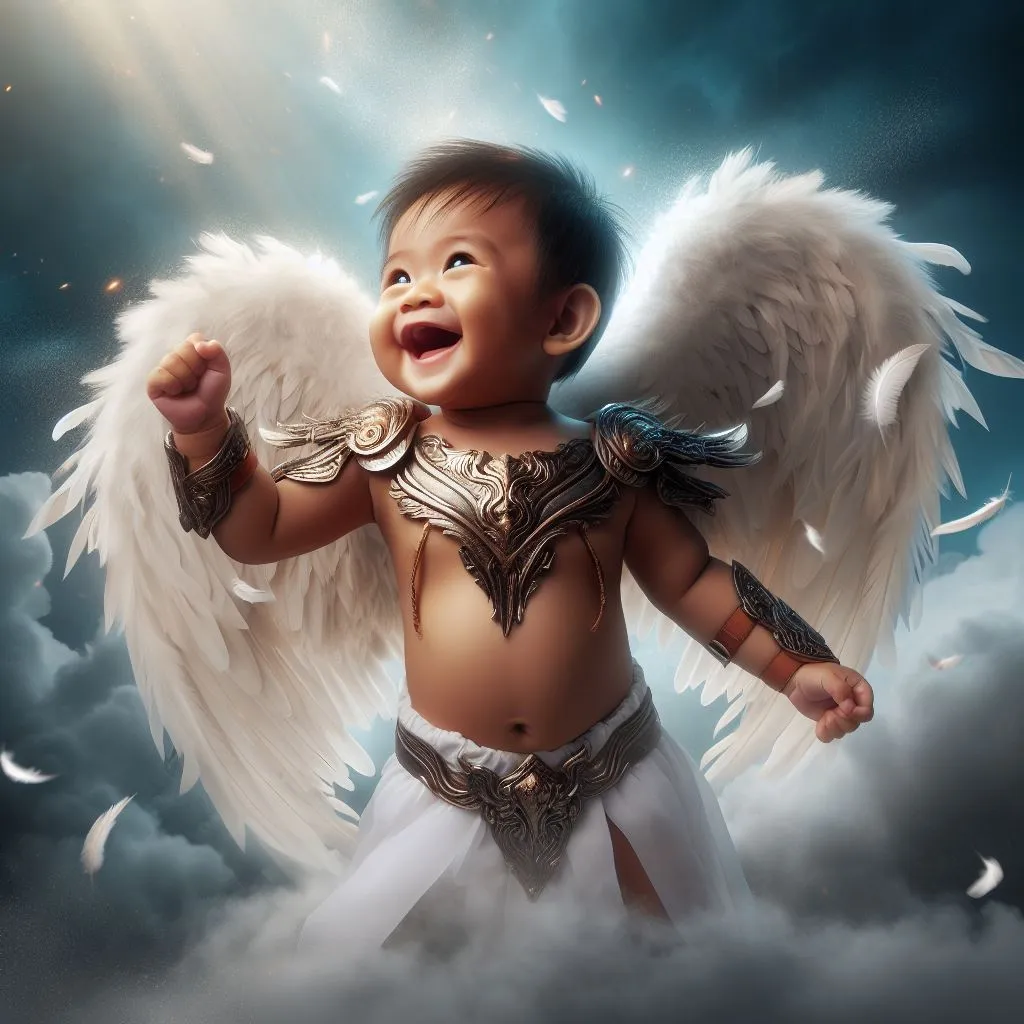 a baby with angel wings standing in the clouds