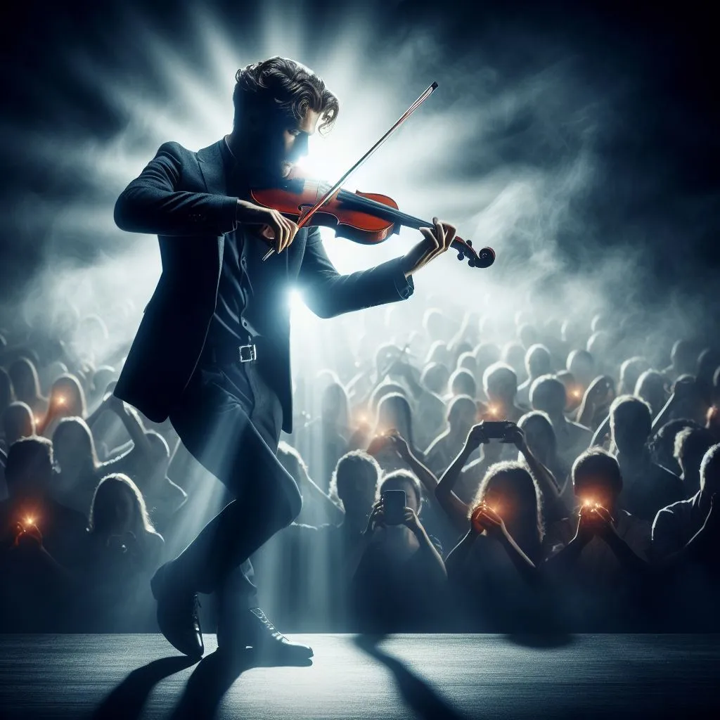 a man playing a violin in front of a crowd of people