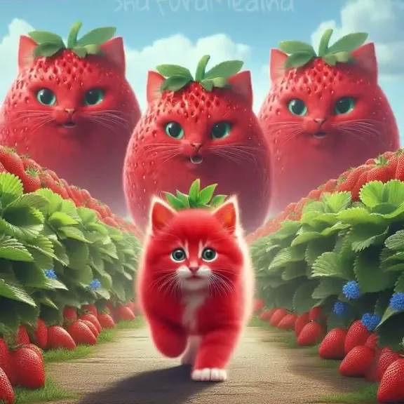 a red cat is walking through a field of strawberries