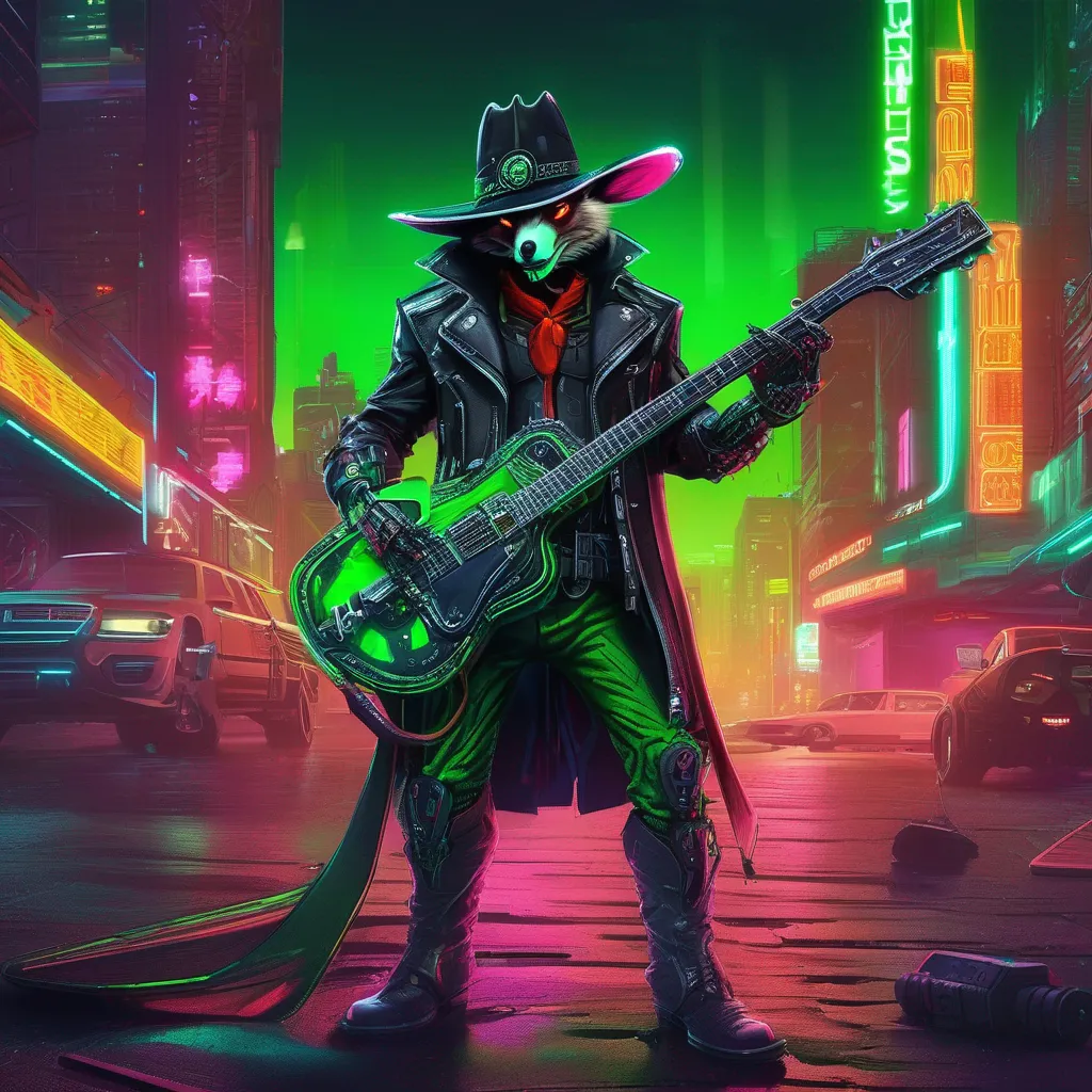 a man with a guitar in a neon city