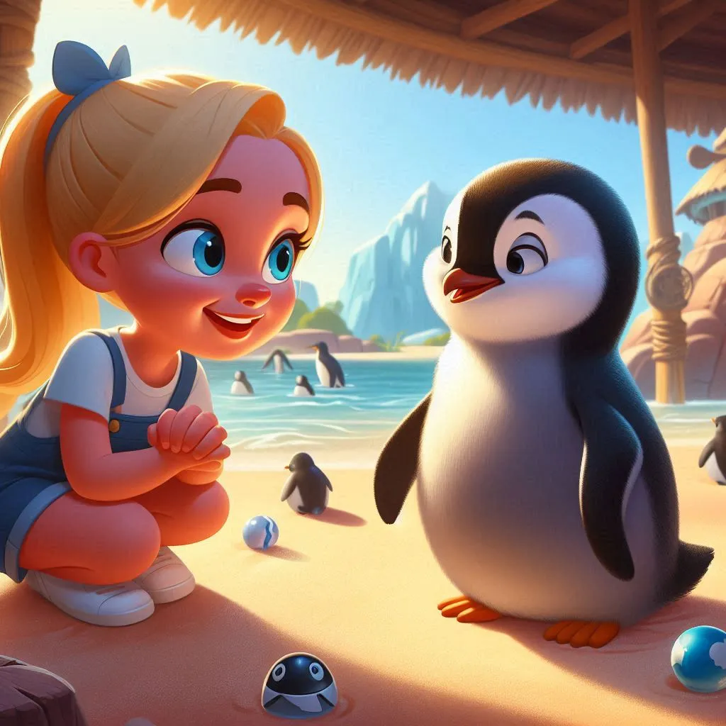 a little girl standing next to a penguin on a beach