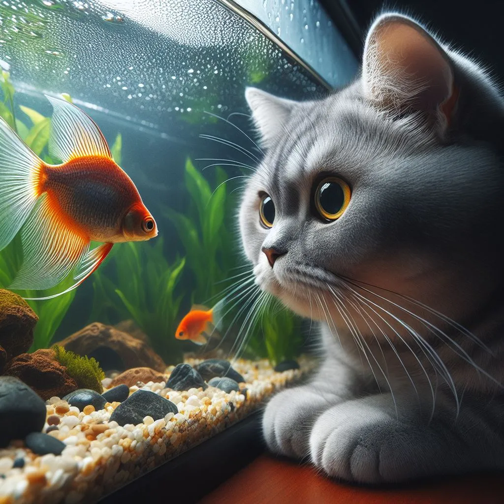 a cat looking at a fish in an aquarium