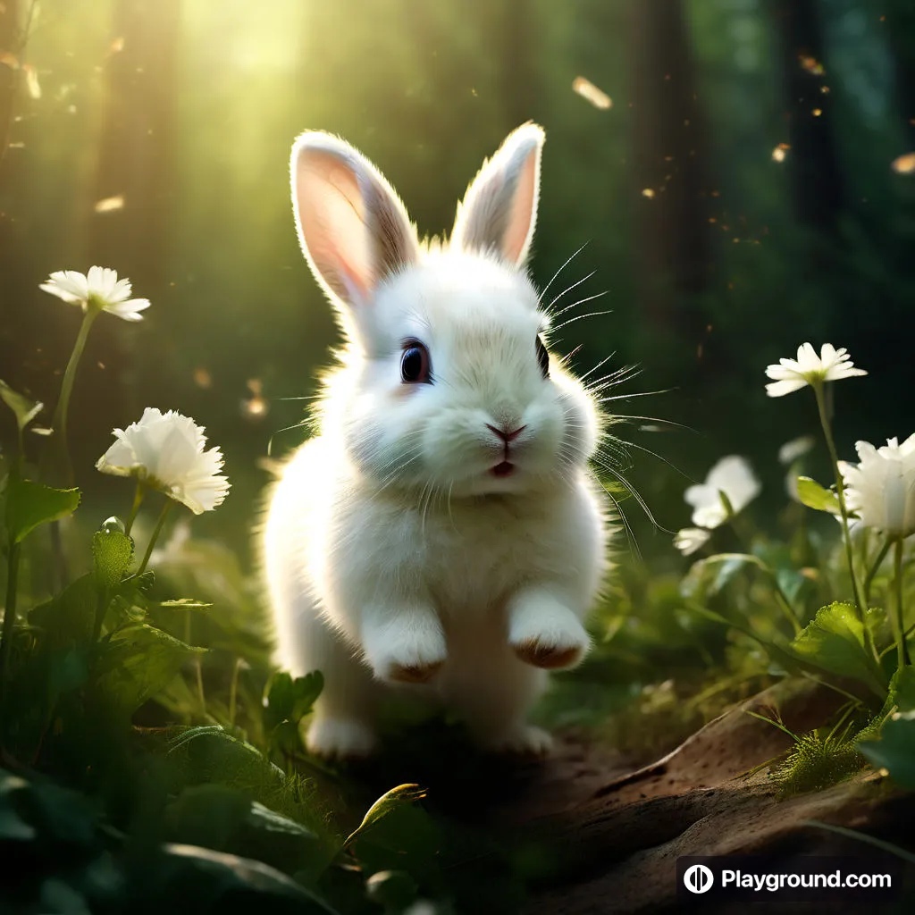 a white rabbit sitting in a field of flowers