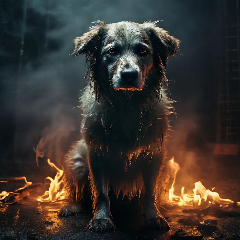 a dog sitting in front of a bunch of fire