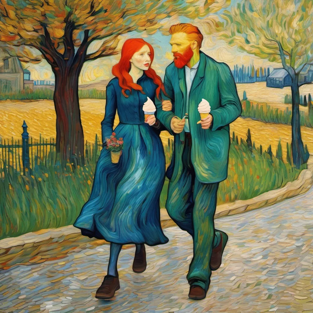 a painting of a man and woman walking down a path
