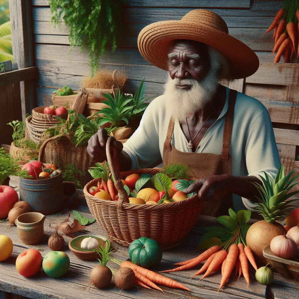 a painting of a man holding a basket of fruit and vegetables