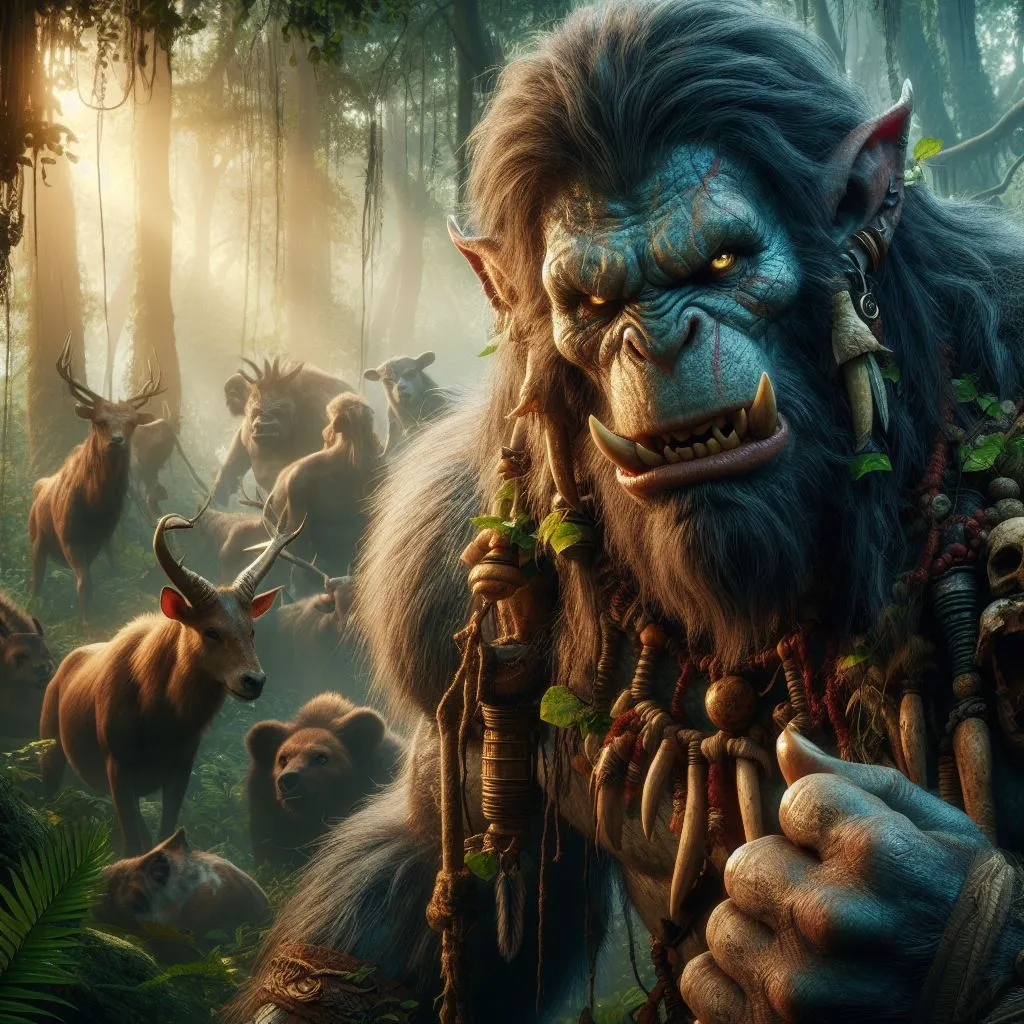 a painting of a troll surrounded by other animals