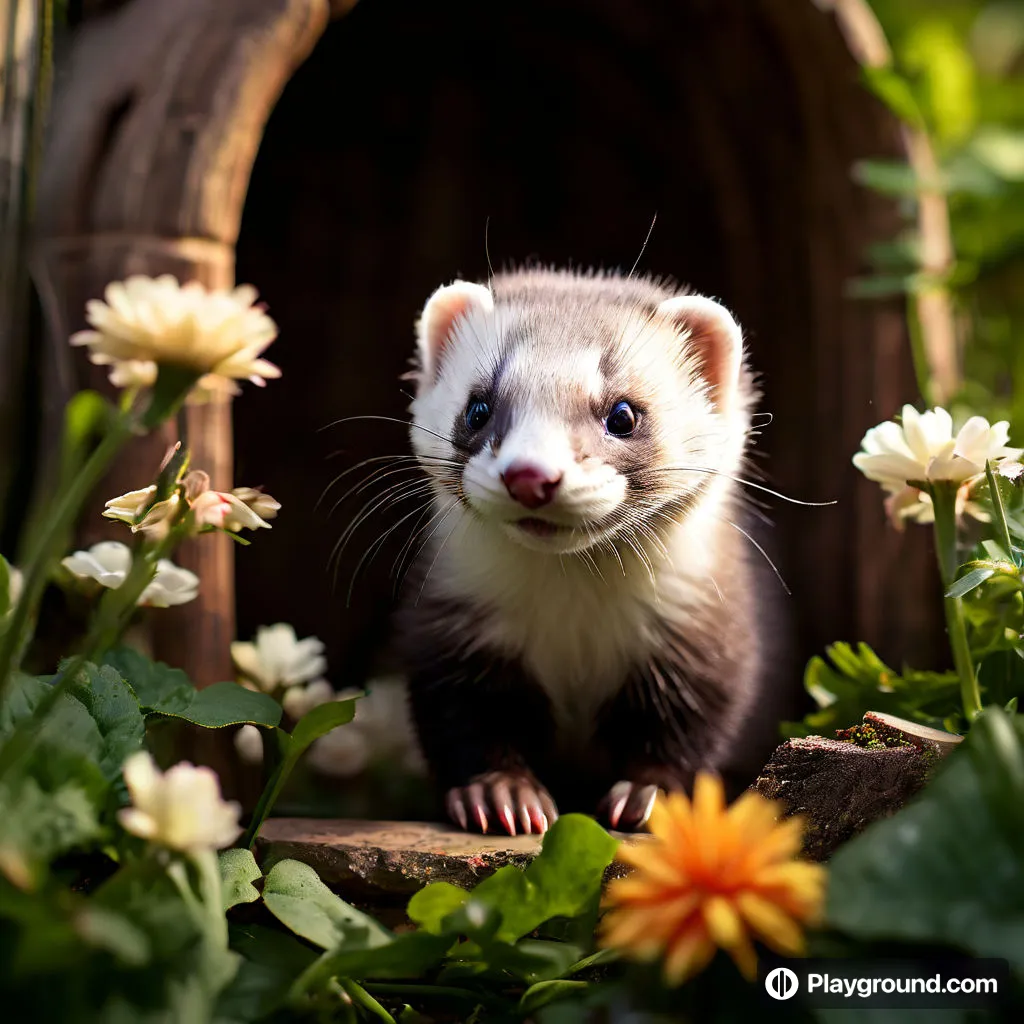 a small ferret standing in the middle of flowers