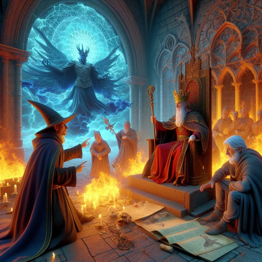 a painting of a wizard sitting in front of a fire