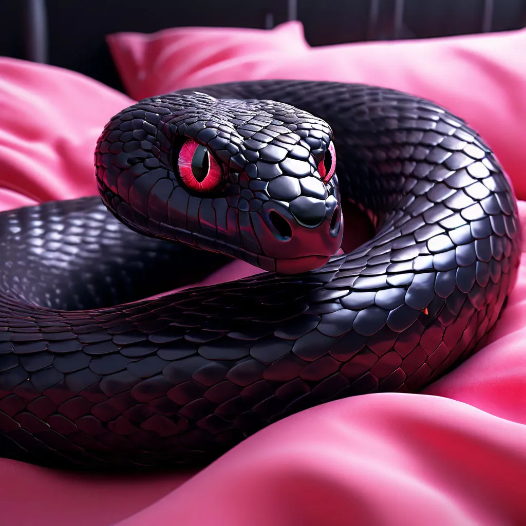 a black snake with red eyes laying on a pink blanket, make the snake moving 