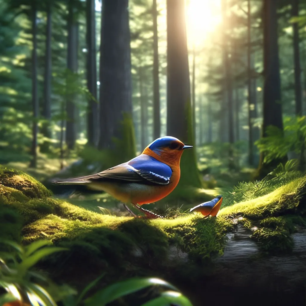 a bird standing on a moss covered ground in a forest