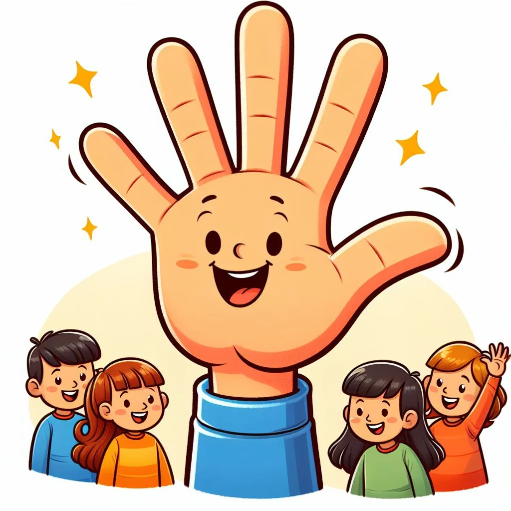 a cartoon hand with a group of people around it