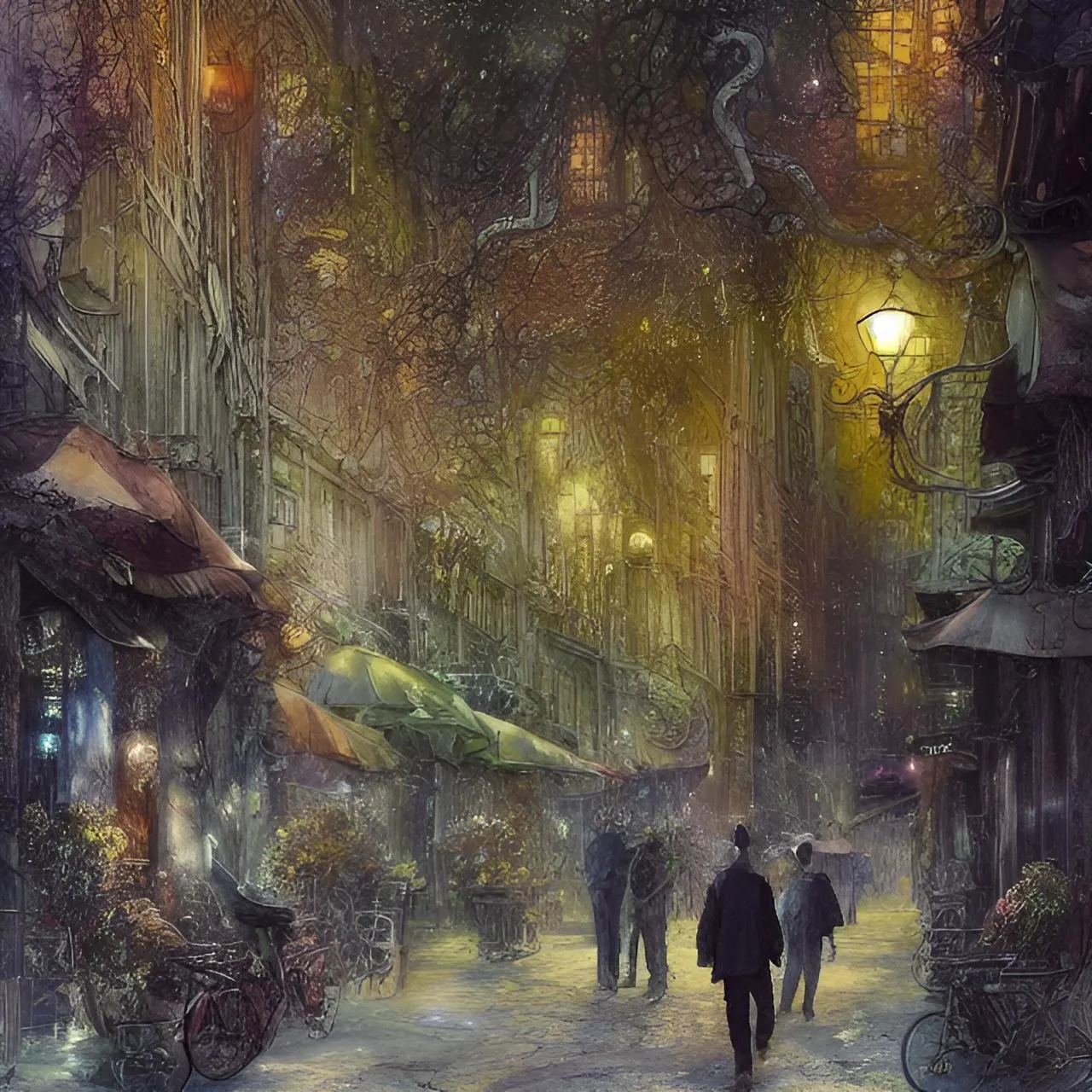 a painting of people walking down a street at night