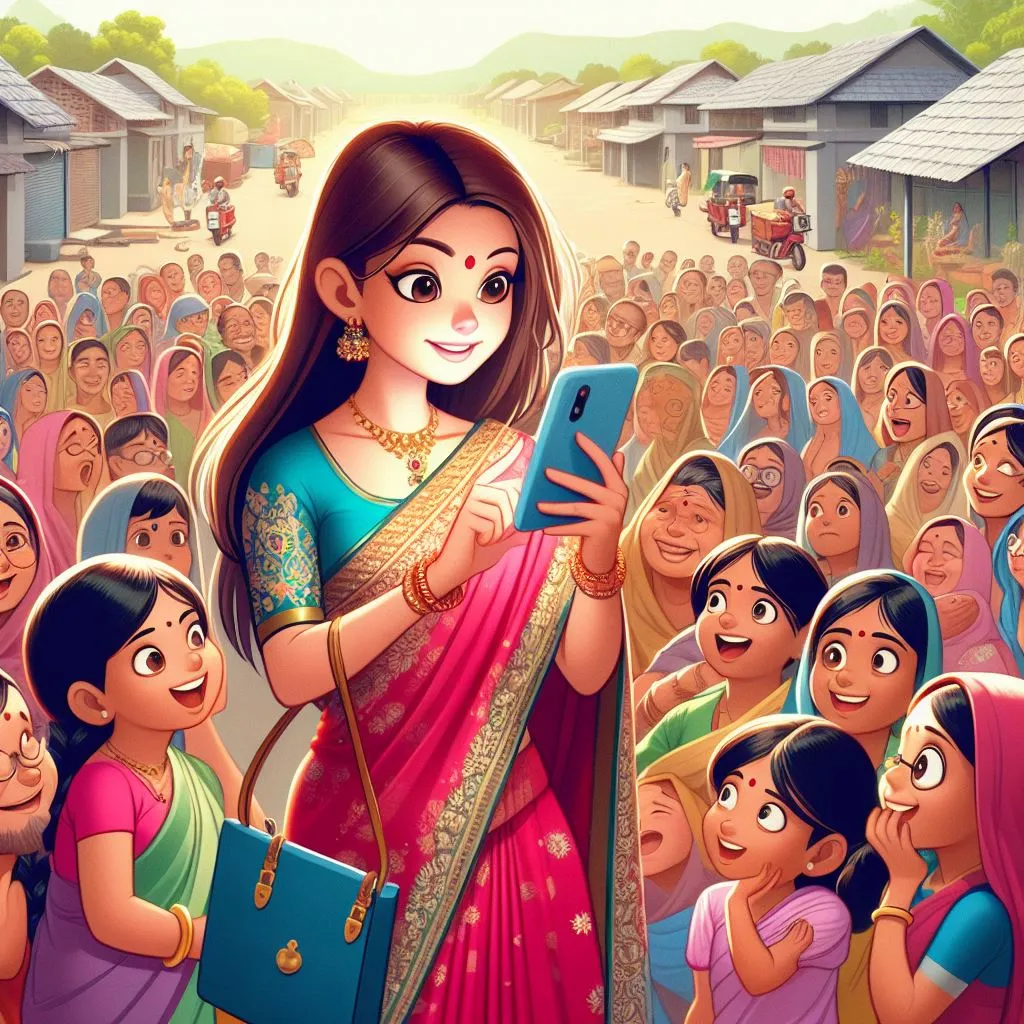 a woman in a sari is holding a cell phone