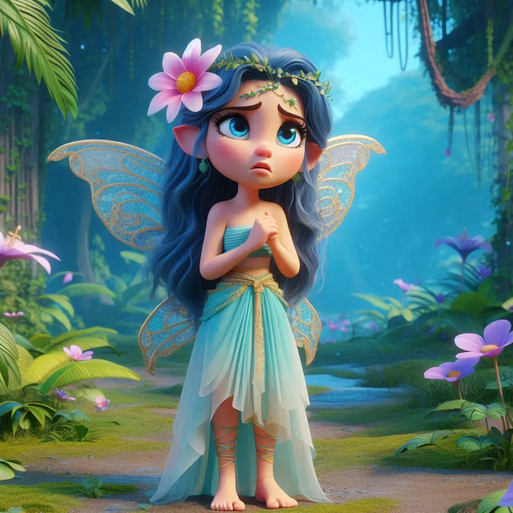 a worried  beautiful fairy with blue hair wearing blue lehehenga,flower  on the head in the jungle   standng barefoot3D animation cartoon