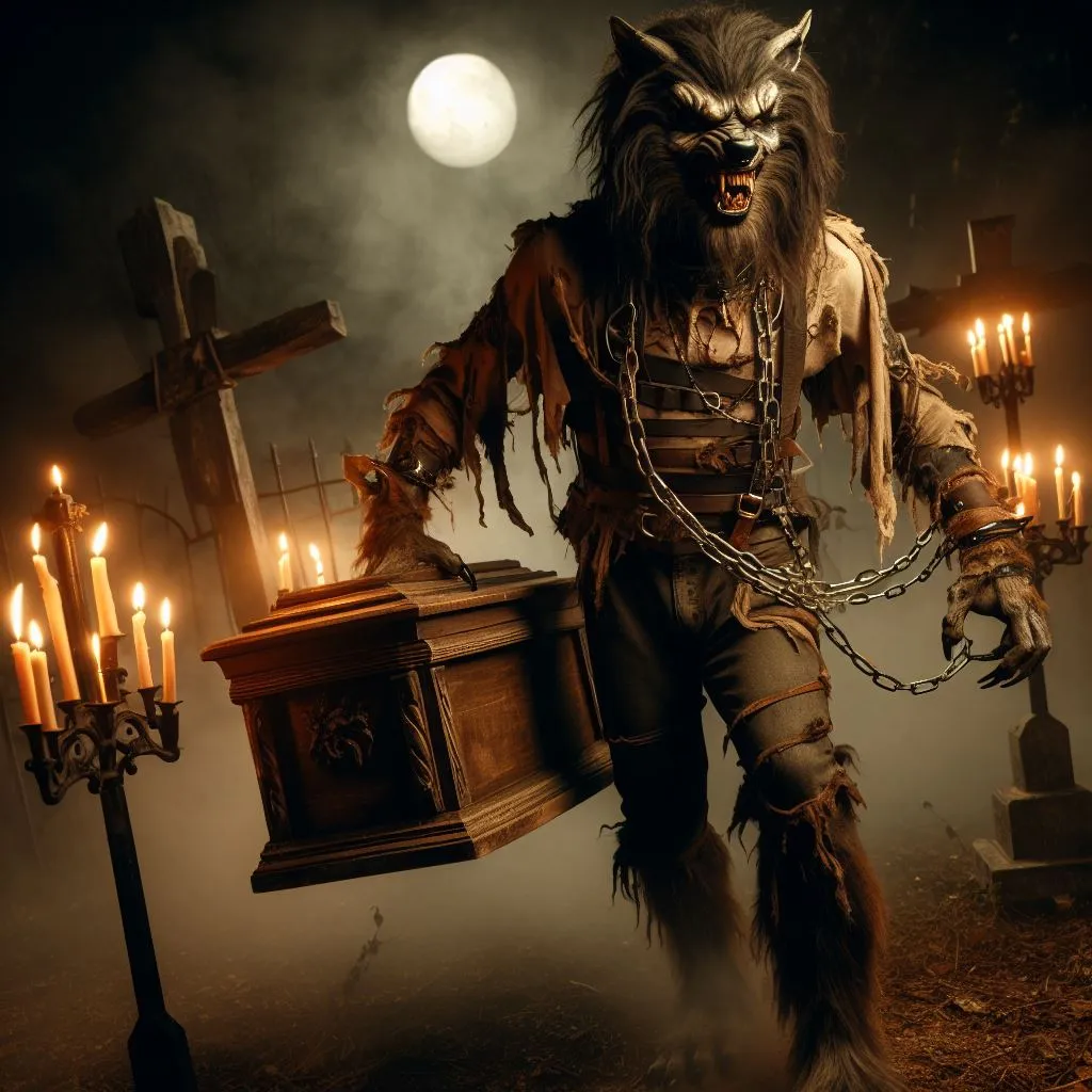 a werewolf holding a chest