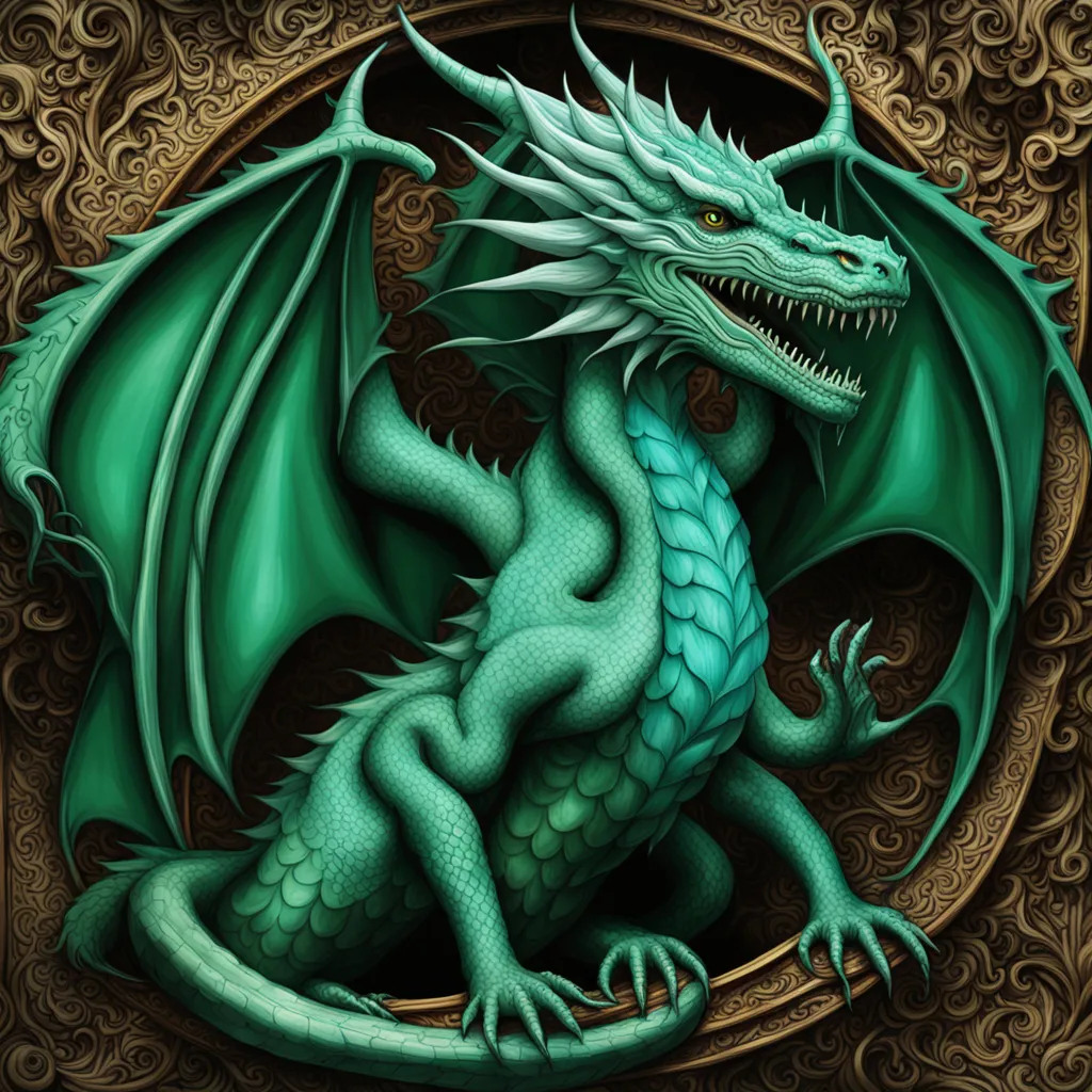 a green dragon sitting on top of a golden frame