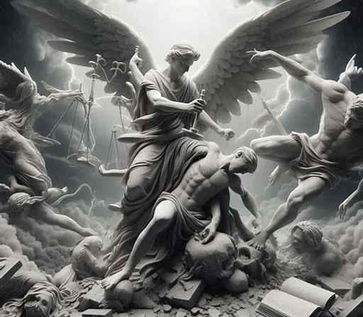 a black and white photo of a statue of a man surrounded by angels