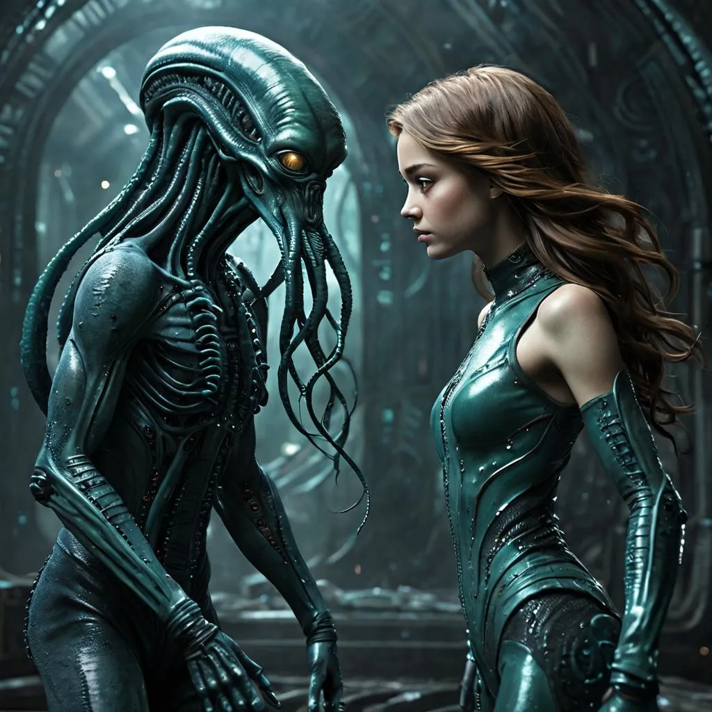 a woman in a green dress standing next to an alien