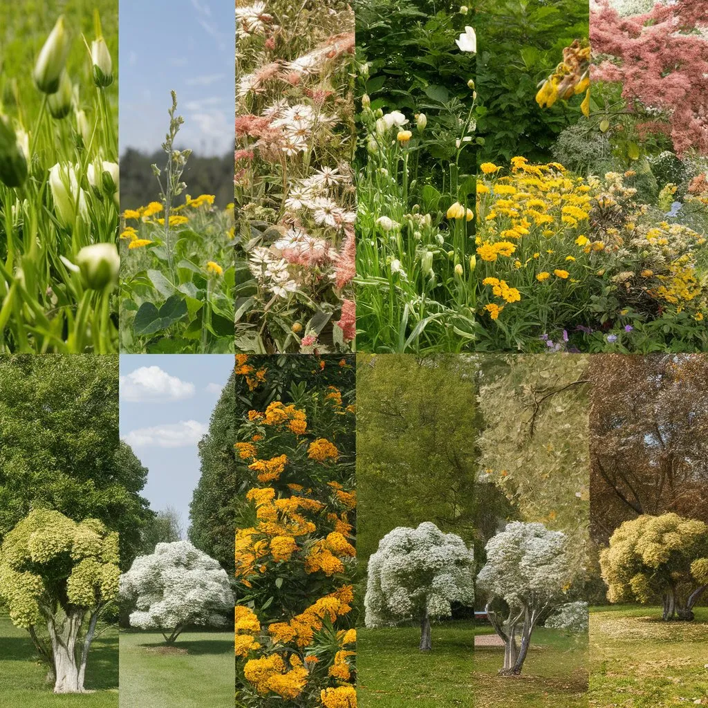 A series of shots showing the passage of the seasons in a garden, from spring with the first buds to the full bloom of summer, to the fall of the leaves in autumn and the stillness of winter, symbolizing the cycle of life and perseverance through change .