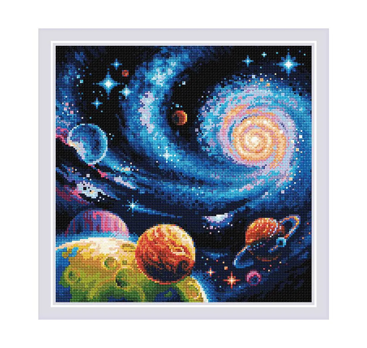 a cross stitch picture of a space scene