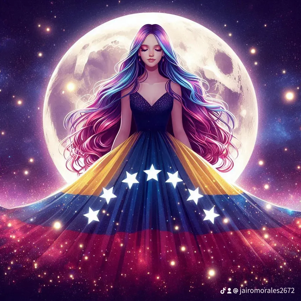 a woman with long hair standing in front of a full moon con buzo texto Jairo 