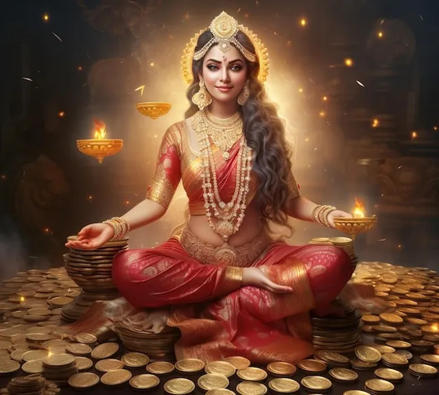 a woman sitting on top of a pile of coins